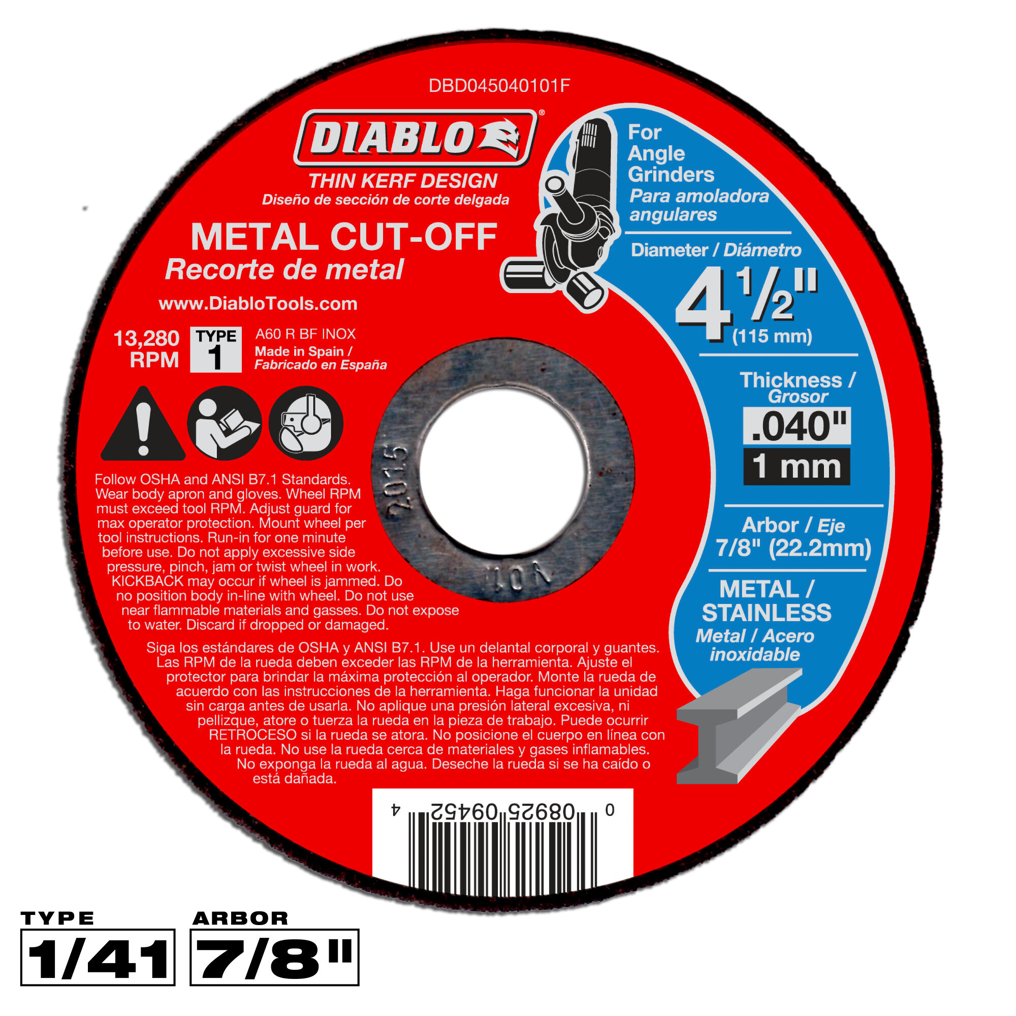 Diablo, Metal Cut-Off Disc, 4-1/2" x 0.040", DBD045040101F
